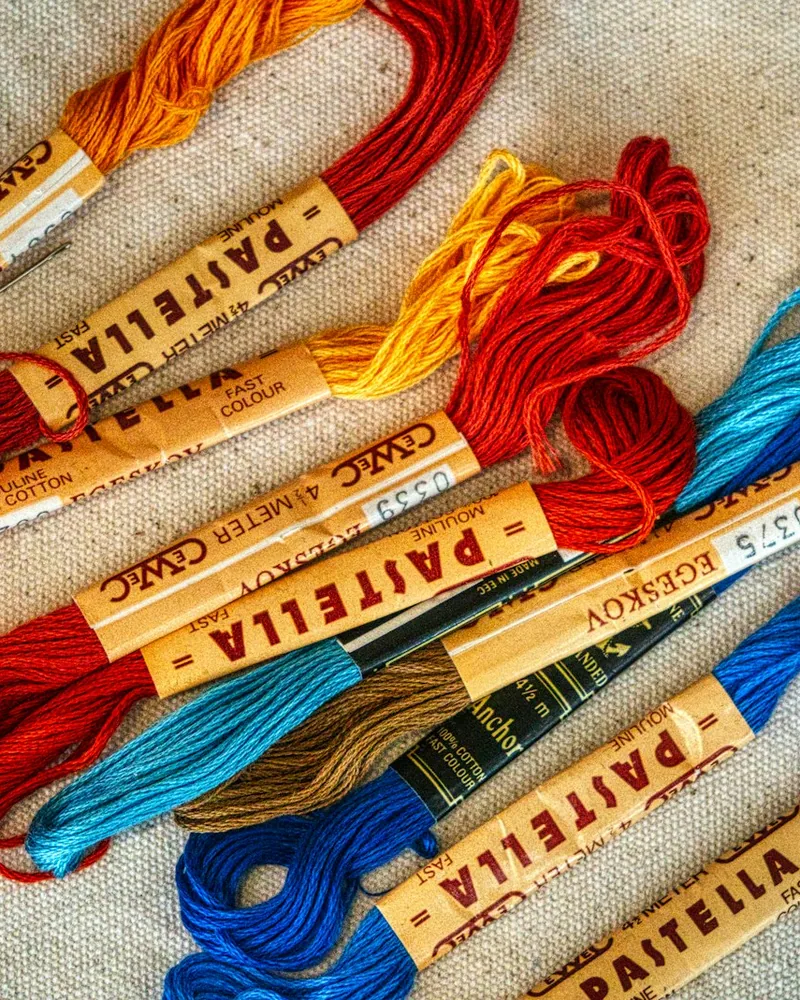 Matasse di filo da ricamo di colori diversi disposte una accanto all'altra